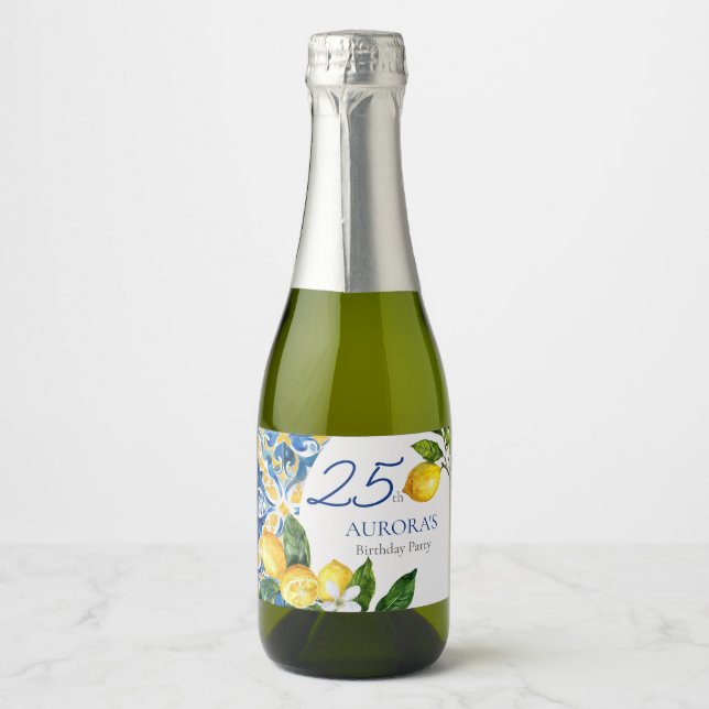 Mediterranean Tiles Lemon 25th Birthday  Sparkling Wine Label (Front)