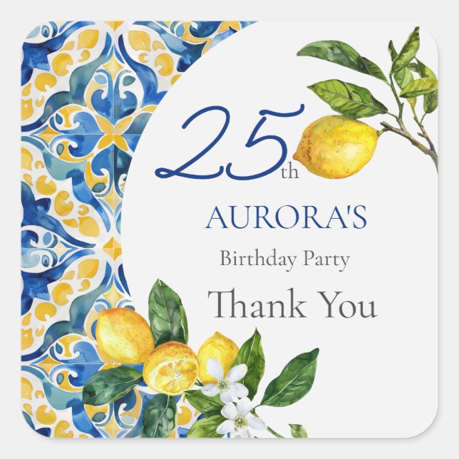 Mediterranean Tiles Lemon 25th Birthday  Square Sticker (Front)