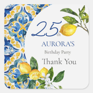 Mediterranean Tiles Lemon 25th Birthday Square Sticker