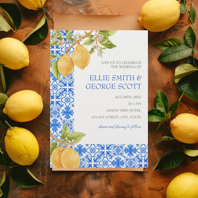 Mediterranean Tiles Lemon Citrus Italy Wedding Invitation (That's Amore Amalfi Italian Coast Destination Wedding Lemons & Blue Mediterranean Tiles Invitation)