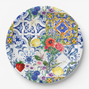 Mediterranean tiles,lemon,flowers,majolica,summer, paper plate