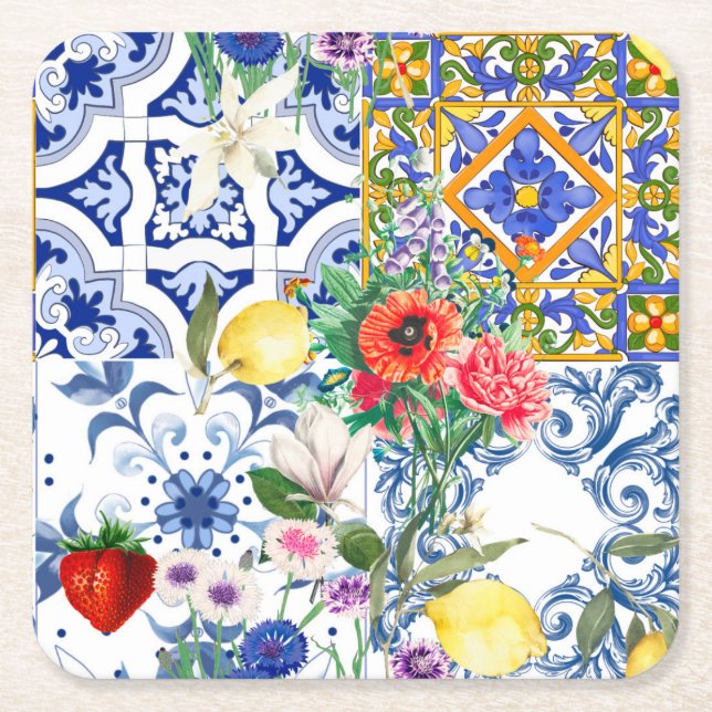 Mediterranean tiles,lemon,flowers,majolica,summer, square paper coaster (Front)