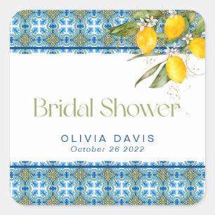 Mediterranean Tiles Lemons Bridal Shower Square Sticker