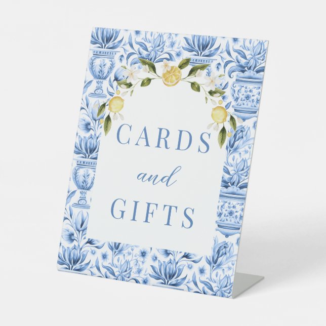Mediterranean tiles lemons wedding cards and gifts pedestal sign (Front)