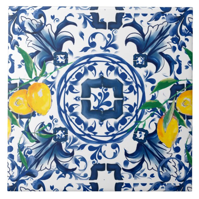 Mediterranean tiles,majolica,blue tiles,lemons   ceramic tile (Front)