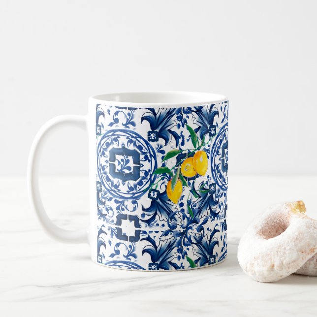 Mediterranean tiles,majolica,blue tiles,lemons   coffee mug (With Donut)