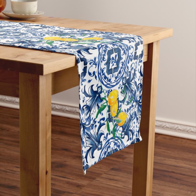 Mediterranean tiles,majolica,blue tiles,lemons    short table runner (In Situ)