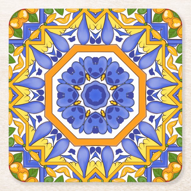 Mediterranean tiles,majolica,Sicilian, Square Paper Coaster (Front)