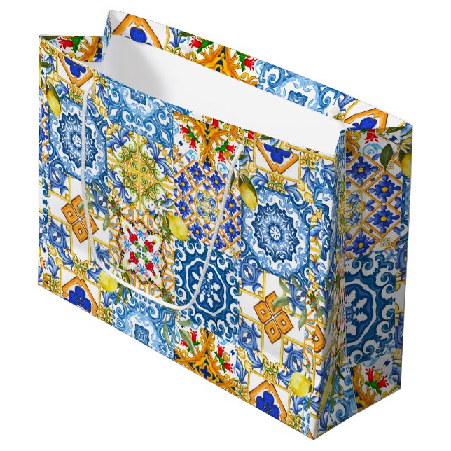 Mediterranean tiles, majolica,Sicilian style      Large Gift Bag (Front Angled)