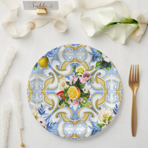 Mediterranean tiles, majolica,Sicilian style Paper Plate