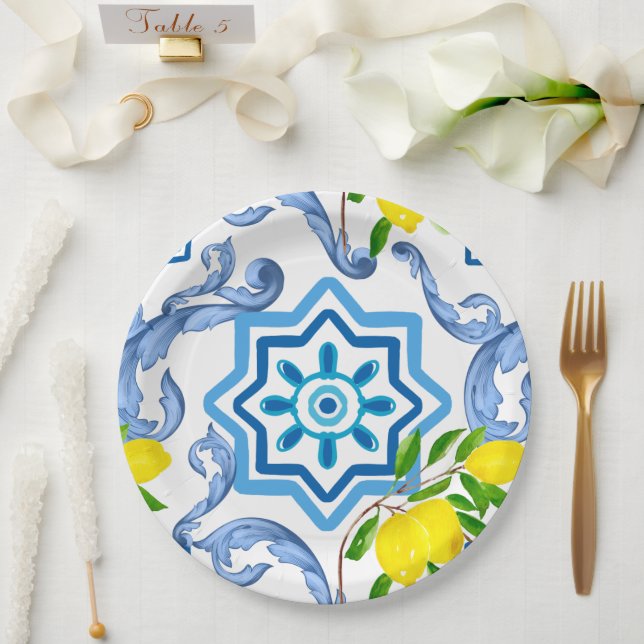 Mediterranean tiles,majolica, Sicilian style    Paper Plate (Wedding)