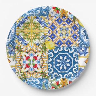 Mediterranean tiles, majolica,Sicilian style Paper Plate