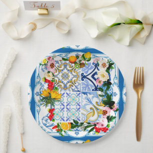Mediterranean tiles, majolica,Sicilian style Paper Plate