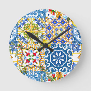 Mediterranean tiles, majolica,Sicilian style      Round Clock