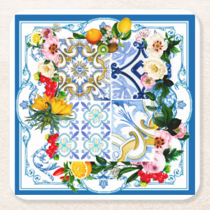 Mediterranean tiles, majolica,Sicilian style Square Paper Coaster