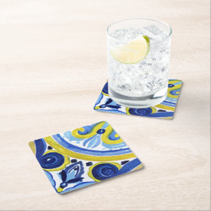 Mediterranean tiles, majolica,Sicilian style   Square Paper Coaster