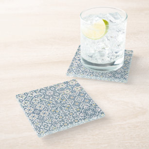 Mediterranean Tiles, Moroccan, Majolica, Azulejo Glass Coaster