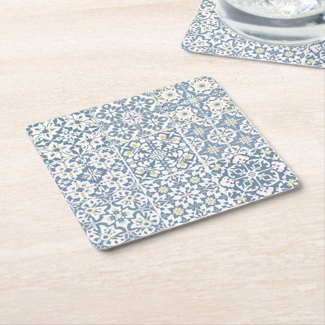 Mediterranean Tiles, Moroccan, Majolica, Azulejo Square Paper Coaster (Angled)