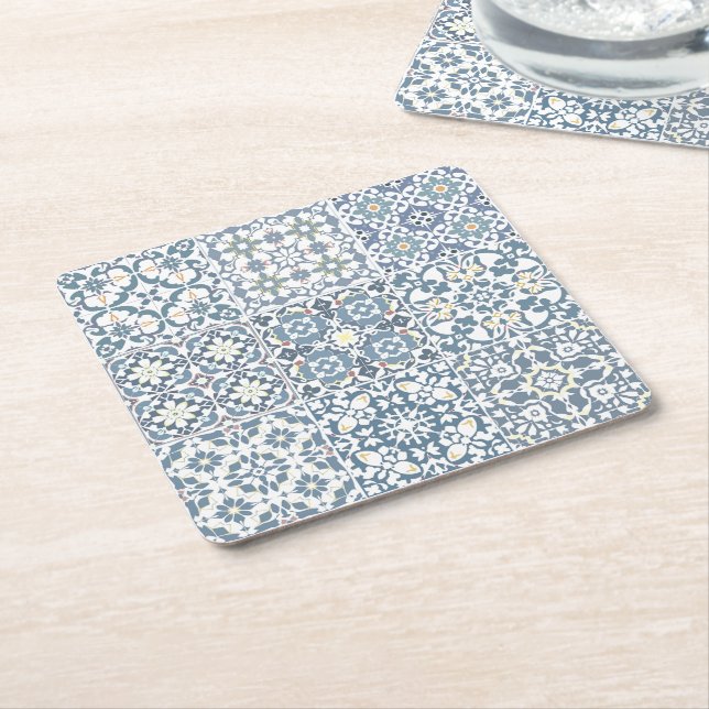 Mediterranean Tiles, Moroccan, Majolica, Azulejo Square Paper Coaster (Angled)