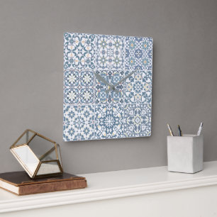 Mediterranean Tiles, Moroccan, Majolica, Azulejo Square Wall Clock