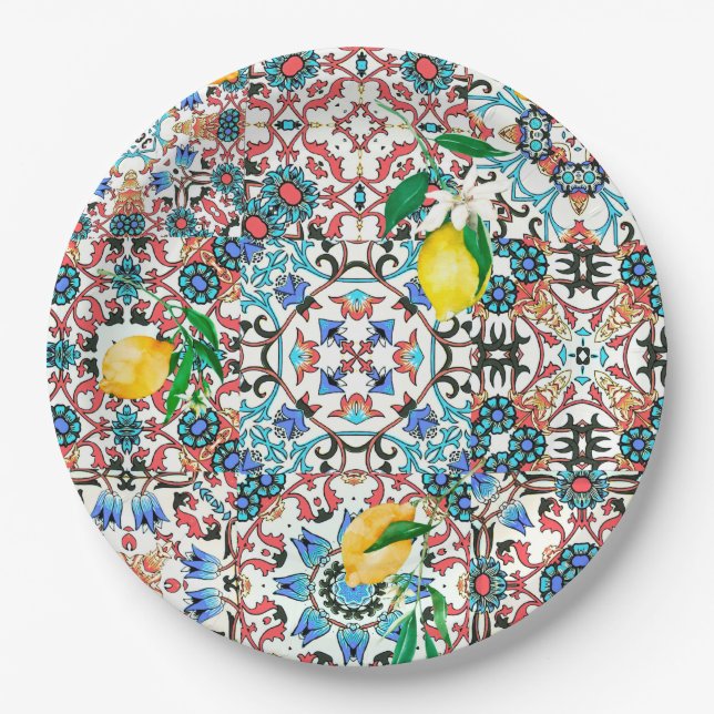 Mediterranean tiles,mosaic,lemon,summer art paper plate (Front)