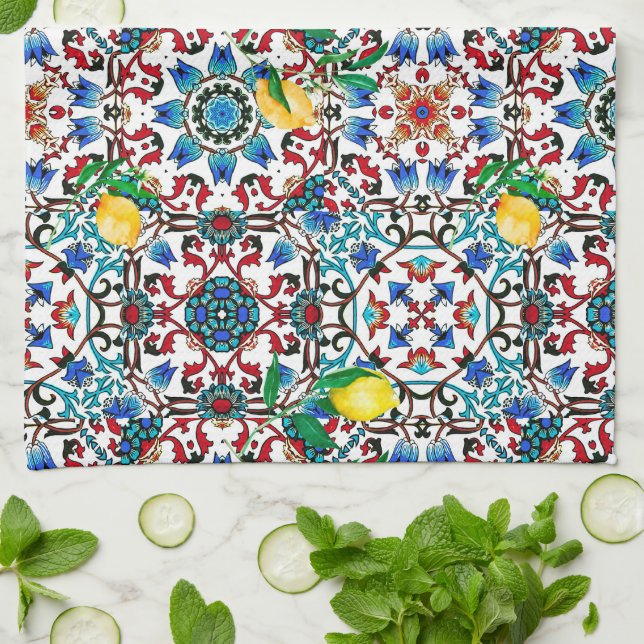 Mediterranean tiles,mosaic,lemon,summer art tea towel (Folded)