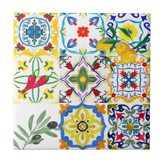Mediterranean tiles,olives,chilli peppers,lemons  ceramic tile (Front)