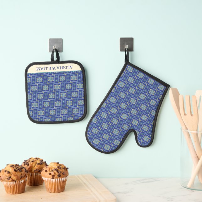 Mediterranean Tiles Pattern Modern Custom Oven Mitt & Pot Holder Set (Insitu(Hanging))