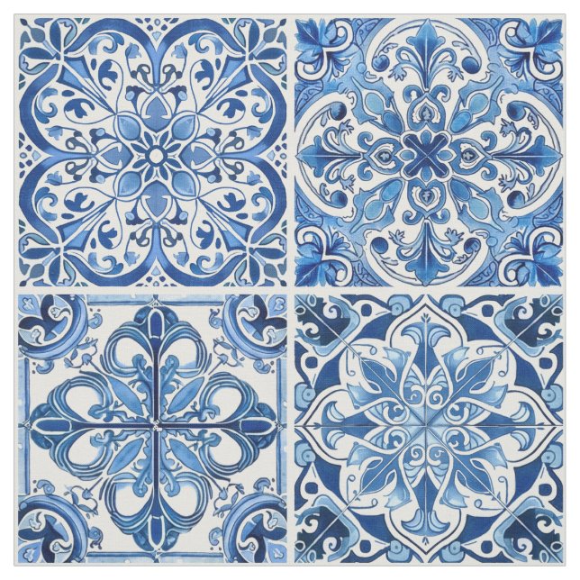 Mediterranean Tiles, Portugese, Azulejo, Majolica Fabric (Swatch)