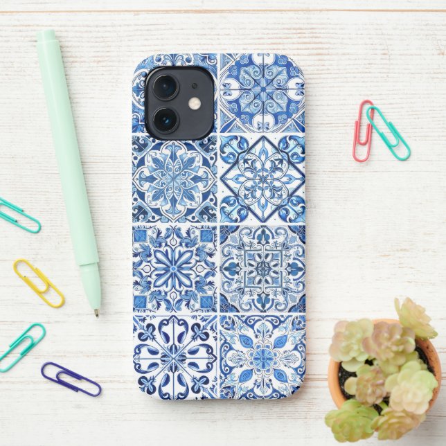 Mediterranean Tiles, Portugese, Azulejo, Majolica iPhone Case (On Desk)