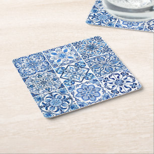 Mediterranean Tiles, Portugese, Azulejo, Majolica Square Paper Coaster