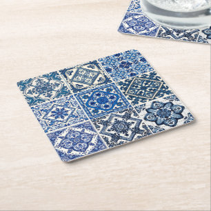 Mediterranean Tiles, Portugese, Azulejo, Majolica Square Paper Coaster
