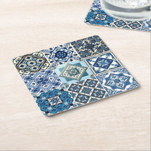 Mediterranean Tiles, Portugese, Azulejo, Majolica Square Paper Coaster