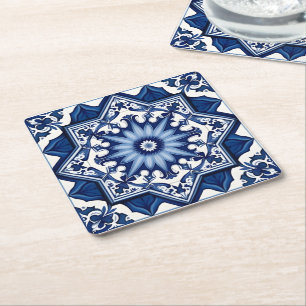 Mediterranean Tiles, Portugese, Azulejo, Majolica Square Paper Coaster