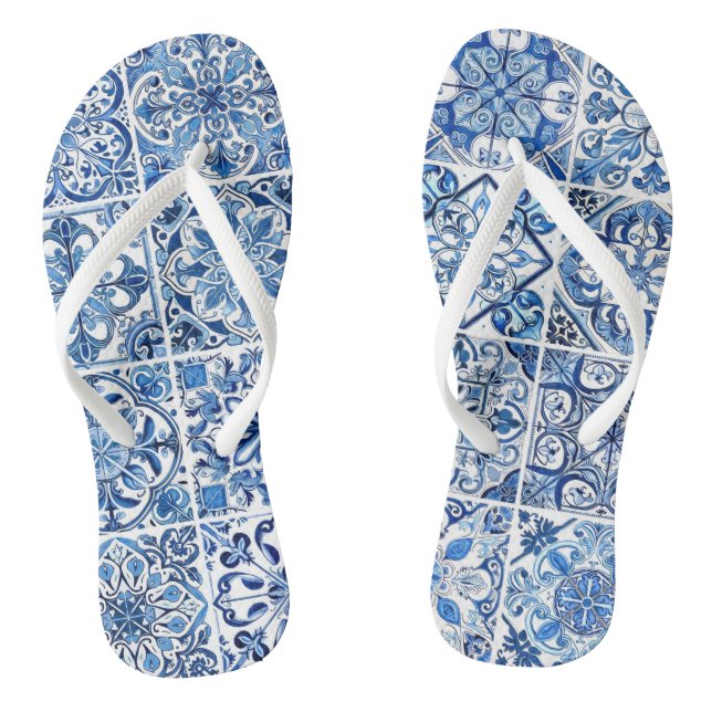 Mediterranean Tiles, Portugese, Azulejo, Majolica Thongs (Footbed)