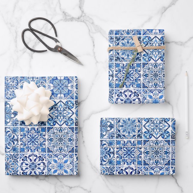 Mediterranean Tiles, Portugese, Azulejo, Majolica Wrapping Paper Sheet (Front)