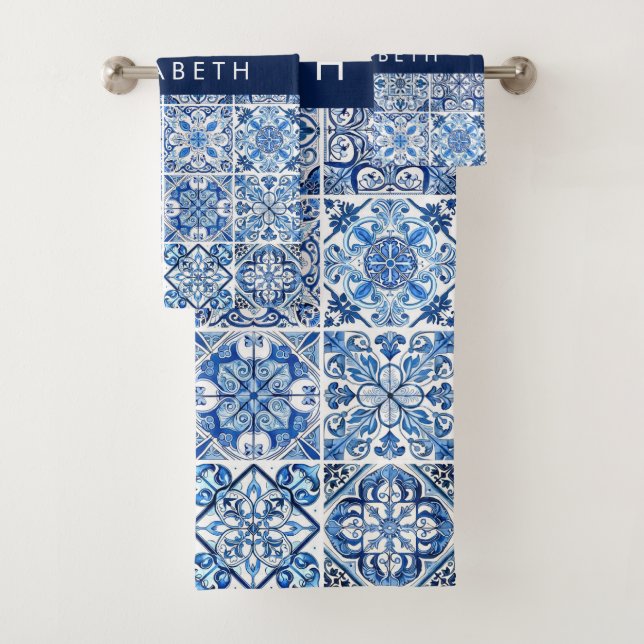 Mediterranean Tiles, Portugese, Azulejo, Your Name Bath Towel Set (Insitu)