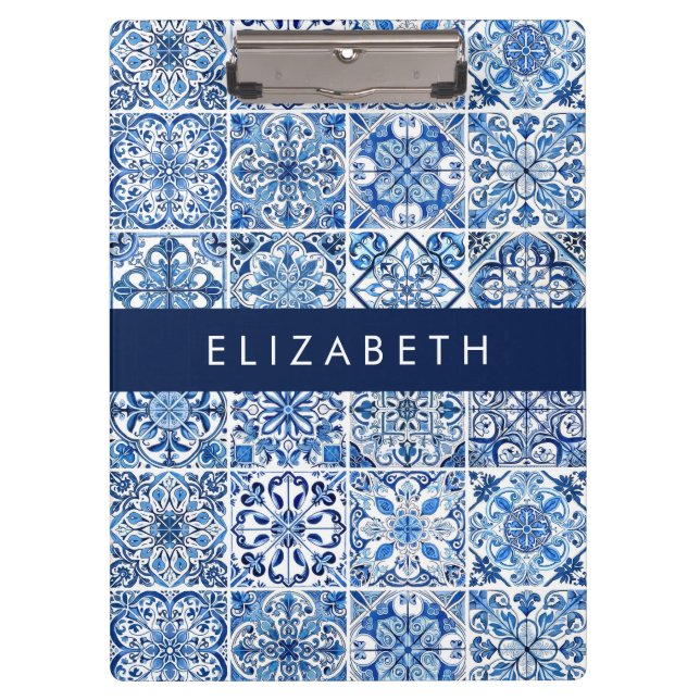Mediterranean Tiles, Portugese, Azulejo, Your Name Clipboard (Front)