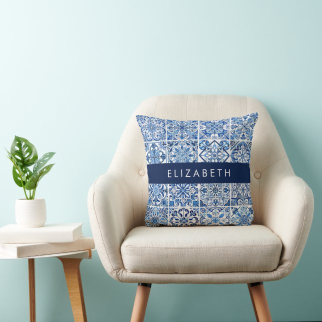 Mediterranean Tiles, Portugese, Azulejo, Your Name Cushion (Chair)
