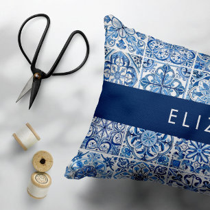 Mediterranean Tiles, Portugese, Azulejo, Your Name Decorative Cushion