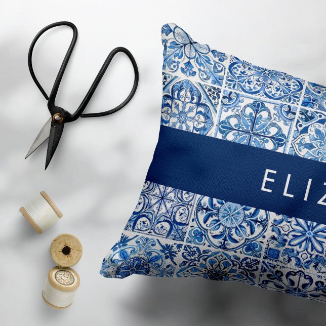 Mediterranean Tiles, Portugese, Azulejo, Your Name Decorative Cushion (Creator Uploaded)