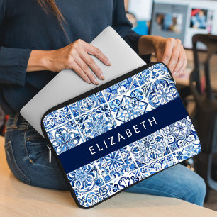 Mediterranean Tiles, Portugese, Azulejo, Your Name Laptop Sleeve