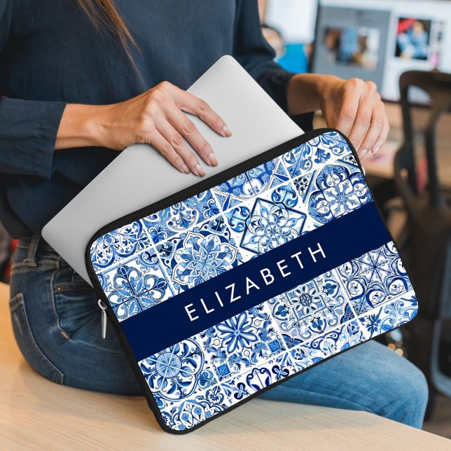 Mediterranean Tiles, Portugese, Azulejo, Your Name Laptop Sleeve (Creator Uploaded)