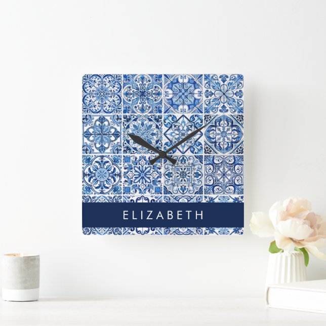 Mediterranean Tiles, Portugese, Azulejo, Your Name Square Wall Clock (Home)