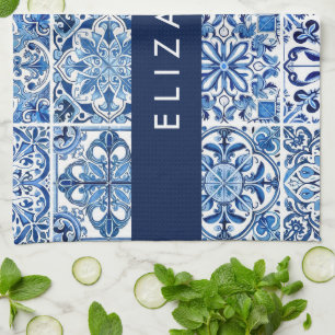 Mediterranean Tiles, Portugese, Azulejo, Your Name Tea Towel