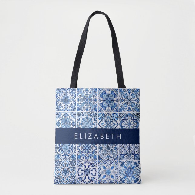 Mediterranean Tiles, Portugese, Azulejo, Your Name Tote Bag (Front)