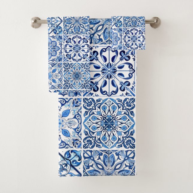 Mediterranean Tiles, Portuguese, Azulejo, Majolica Bath Towel Set (Insitu)