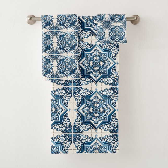 Mediterranean Tiles, Portuguese, Azulejo, Majolica Bath Towel Set (Insitu)