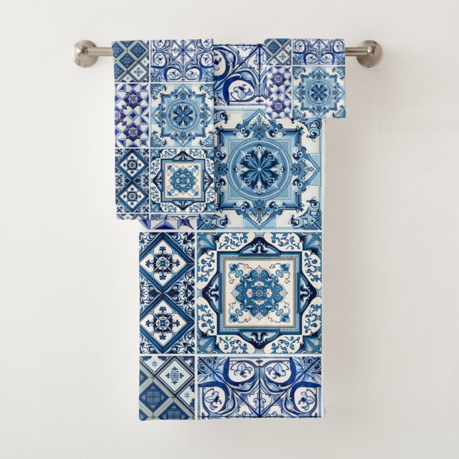Mediterranean Tiles, Portuguese, Azulejo, Majolica Bath Towel Set (Insitu)