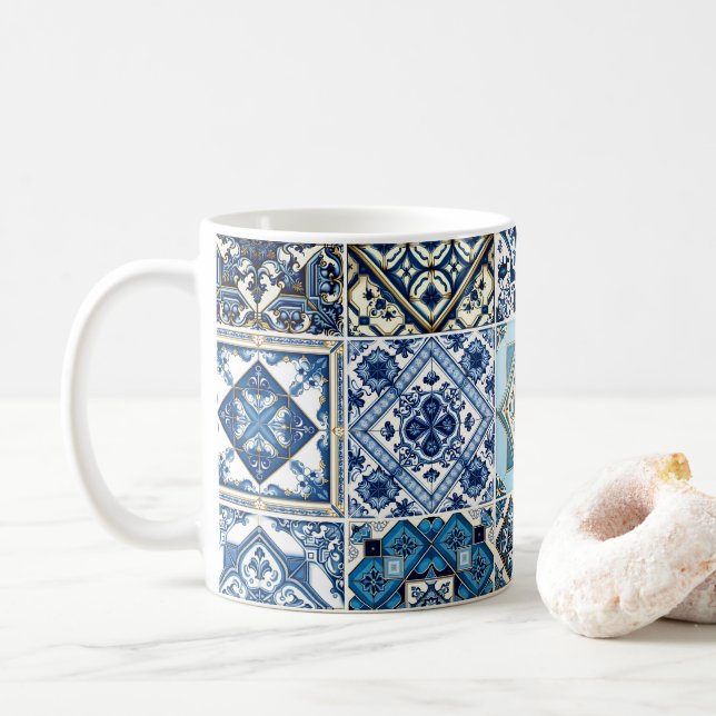 Mediterranean Tiles, Portuguese, Azulejo, Majolica Coffee Mug (With Donut)